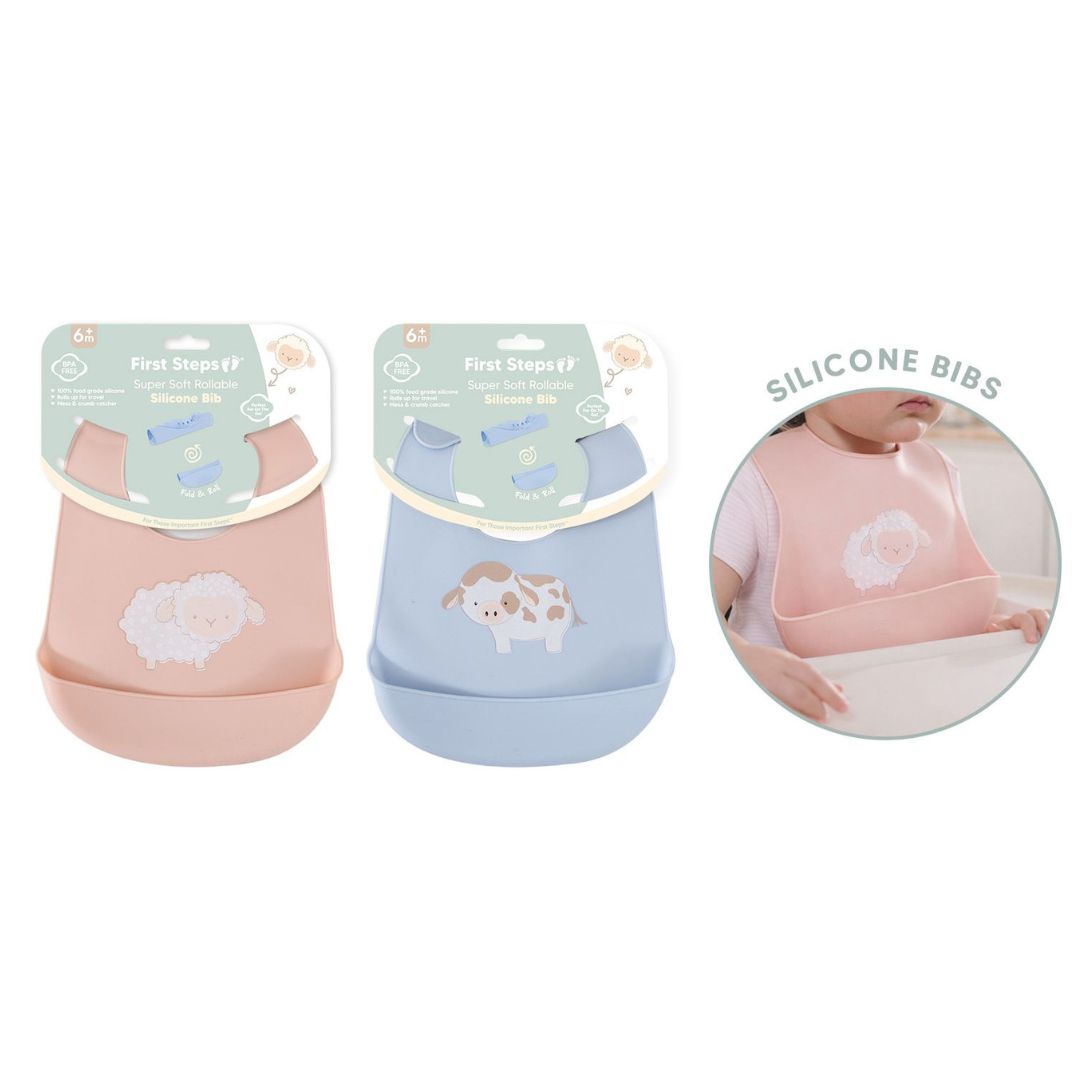 First Steps Rollable Silicone Feeding Bib - 2 Assorted Colours