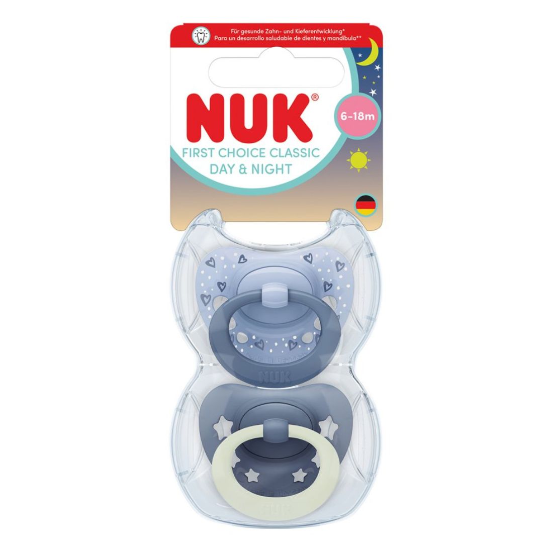 NUK First Choice Classic Night Baby Dummies 6–18 Months –(2 Pack)